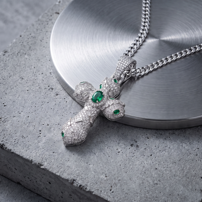 14k White Gold Iced Out Ornate Green Stone Cross