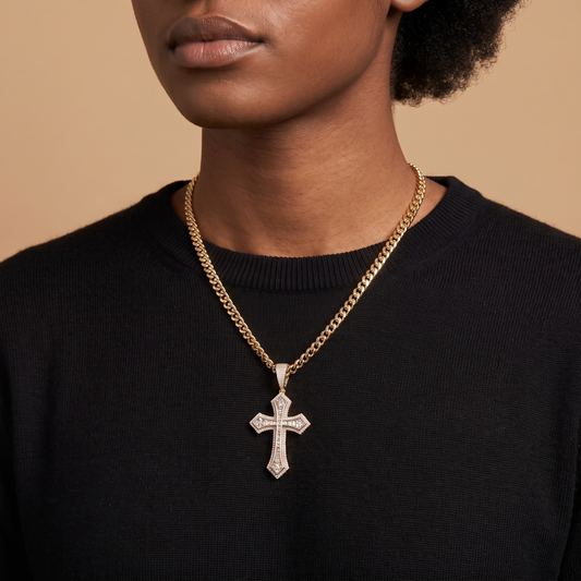 14k Gold Iced Out Baguette Cross Pendant