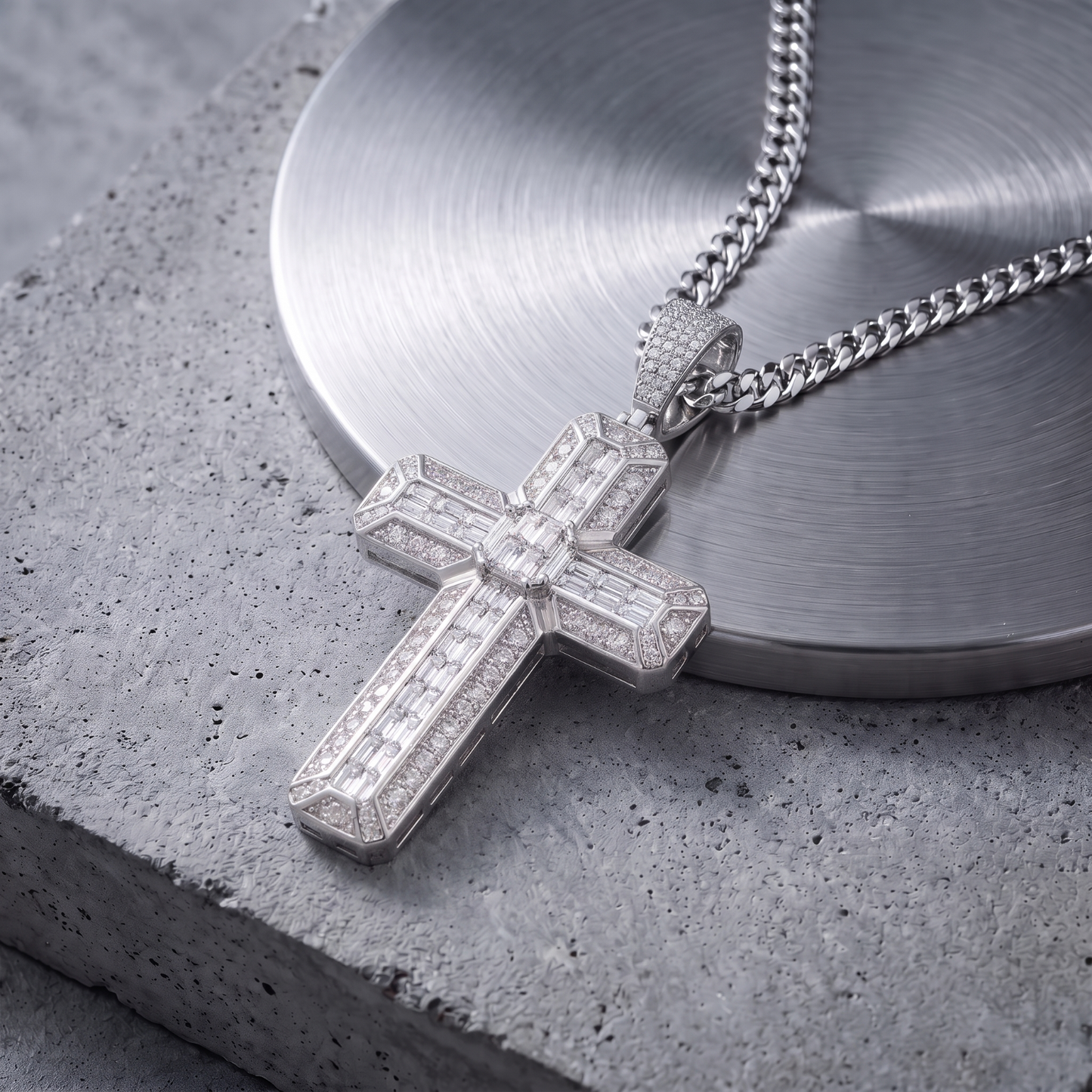 14k White Gold Iced Out 3D Baguette Cross - Large