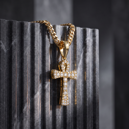 14k Gold Iced Out Tennis Ankh Cross Pendant