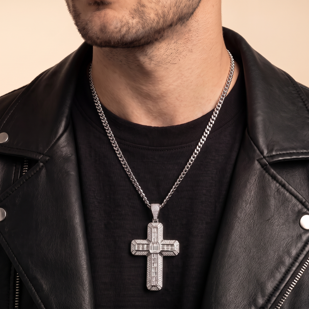 14k White Gold Iced Out 3D Baguette Cross - Large