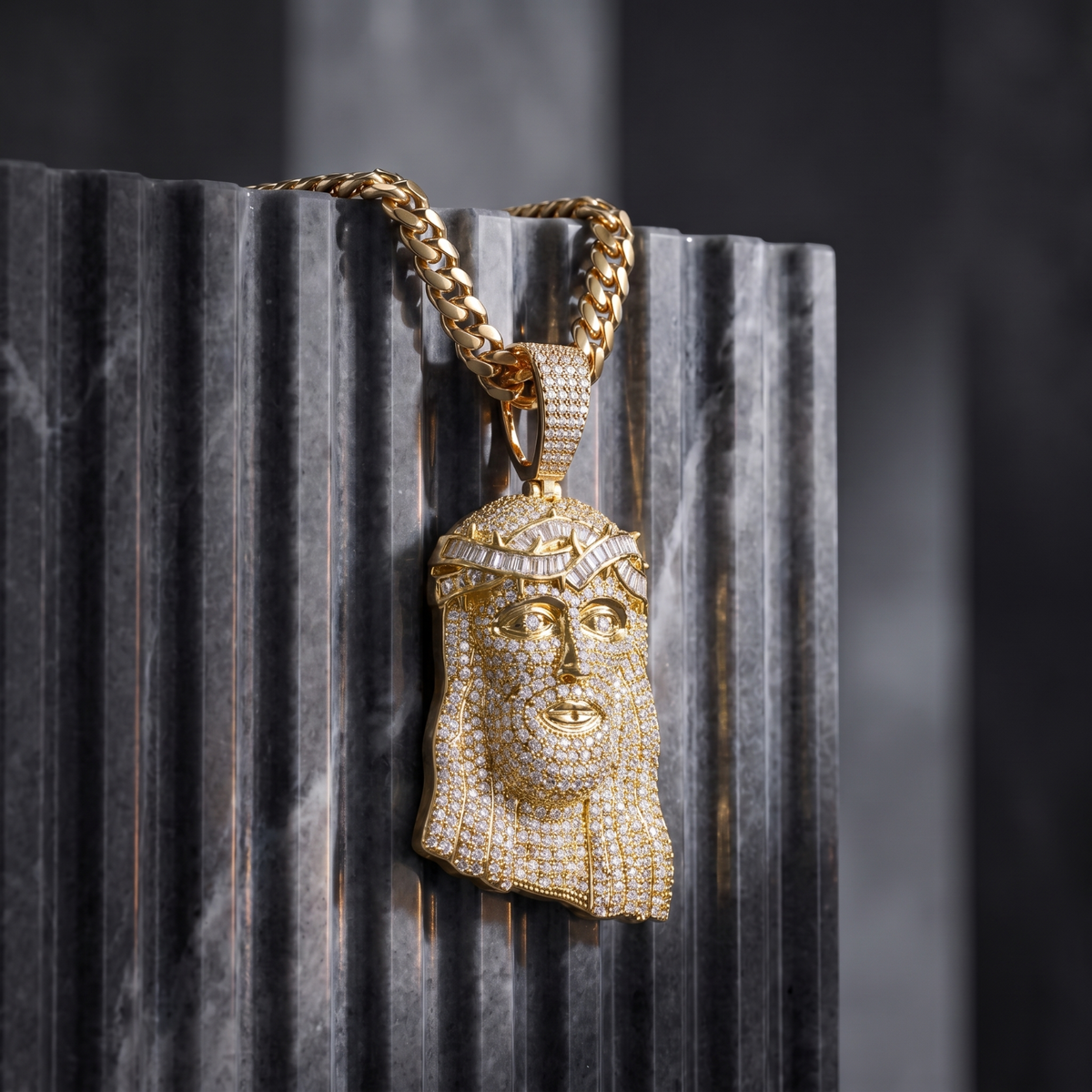 14k Gold Iced Out Jesus Face Pendant
