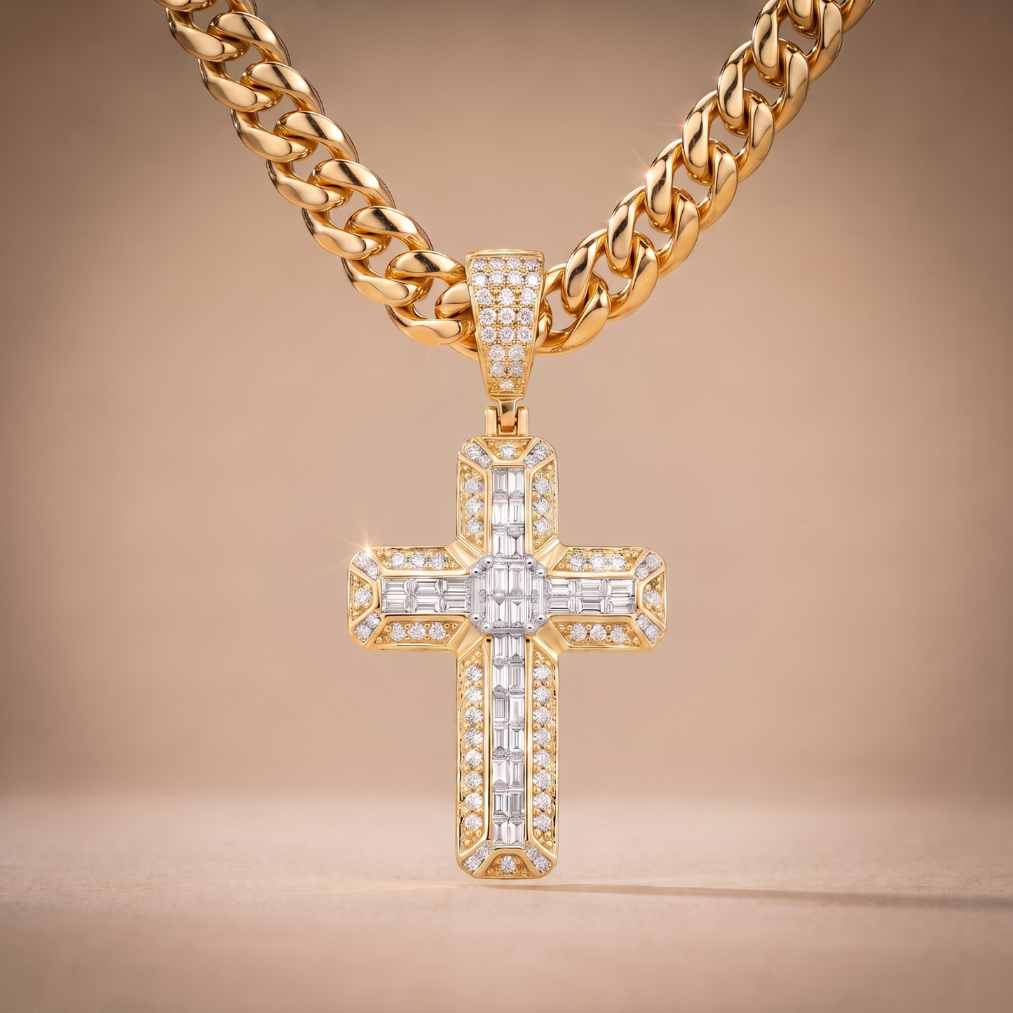 14k Gold Iced Out 3D Baguette Cross - Large