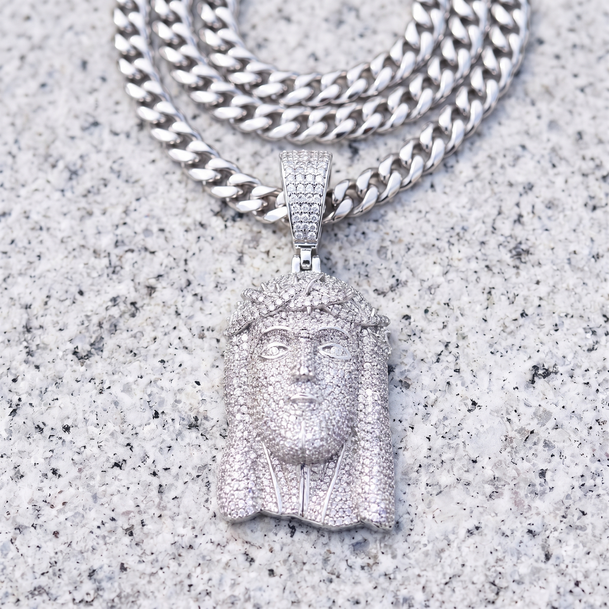 14k White Gold Iced Out Jesus Face Crown of Thorns Pendant