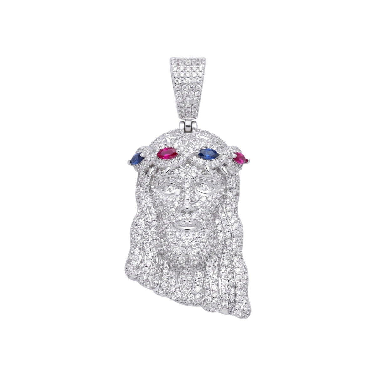 14k White Gold Iced Out Multicolor Jesus Crown of Thorns Pendant - Small