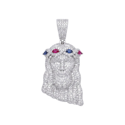 14k White Gold Iced Out Multicolor Jesus Crown of Thorns Pendant - Small
