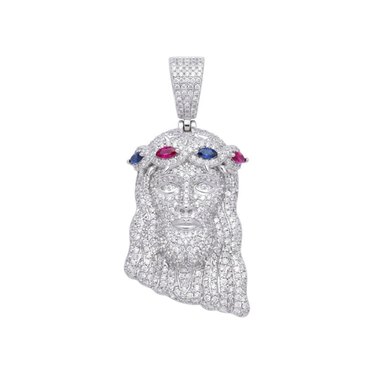 14k White Gold Iced Out Multicolor Jesus Crown of Thorns Pendant - Small