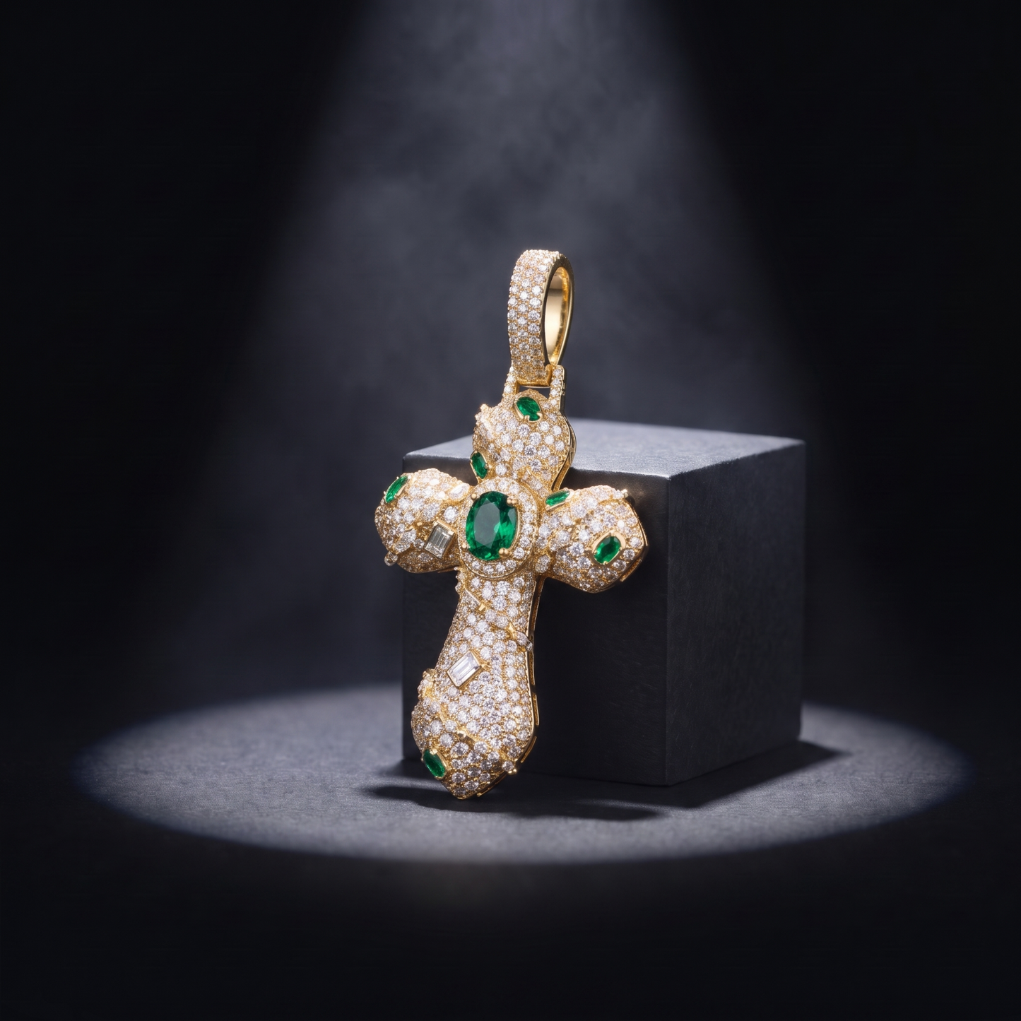 14k Gold Iced Out Ornate Green Stone Cross