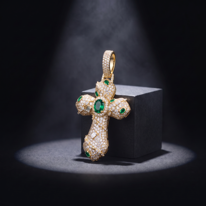 14k Gold Iced Out Ornate Green Stone Cross