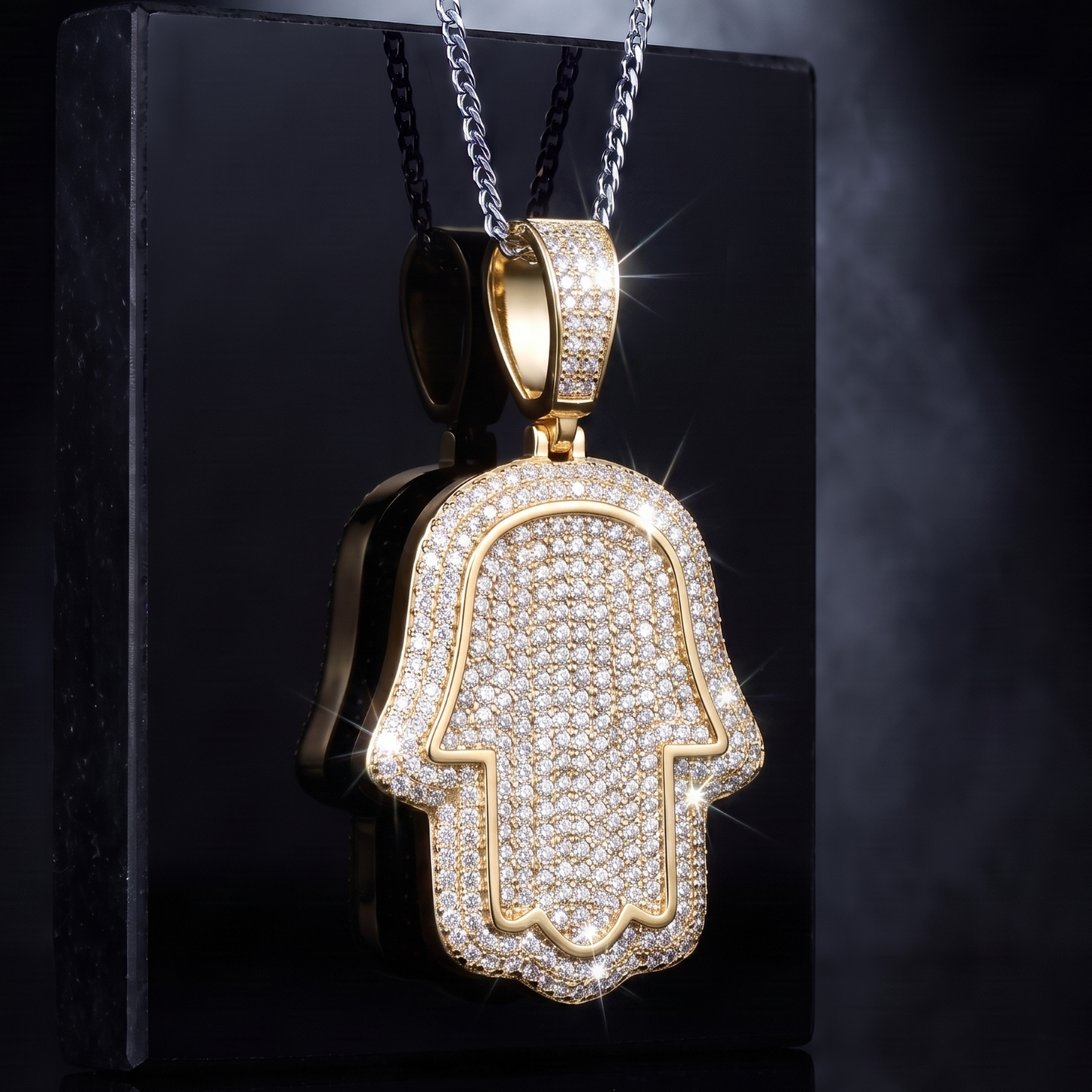 14k Gold Iced Out Hamsa Hand Pendant - Medium