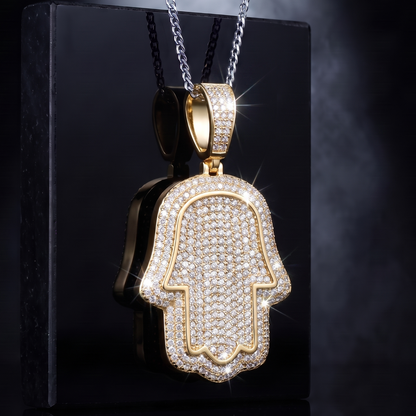 14k Gold Iced Out Hamsa Hand Pendant - Medium