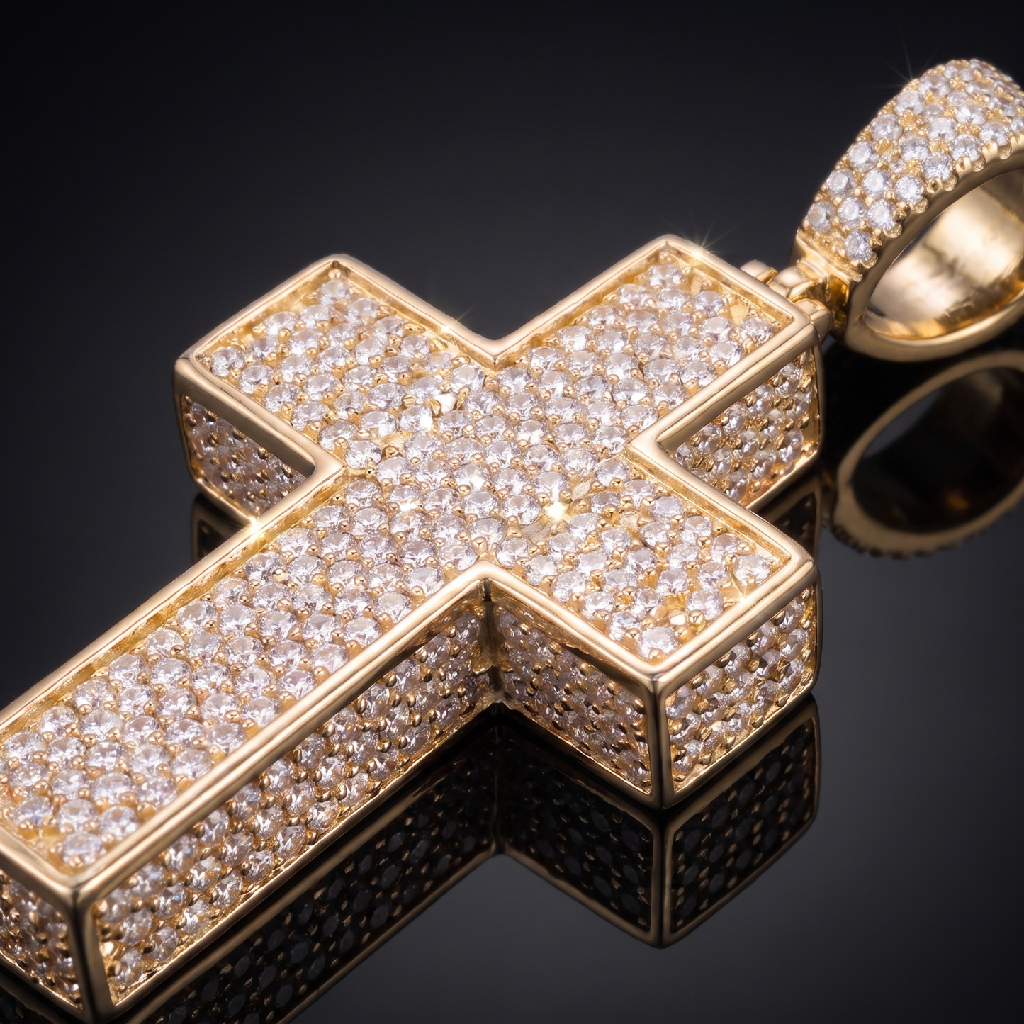 14k Gold Iced Out 3D Cross Pendant - Medium