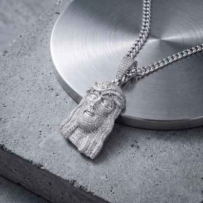 14k White Gold Iced Out Jesus Face Pendant