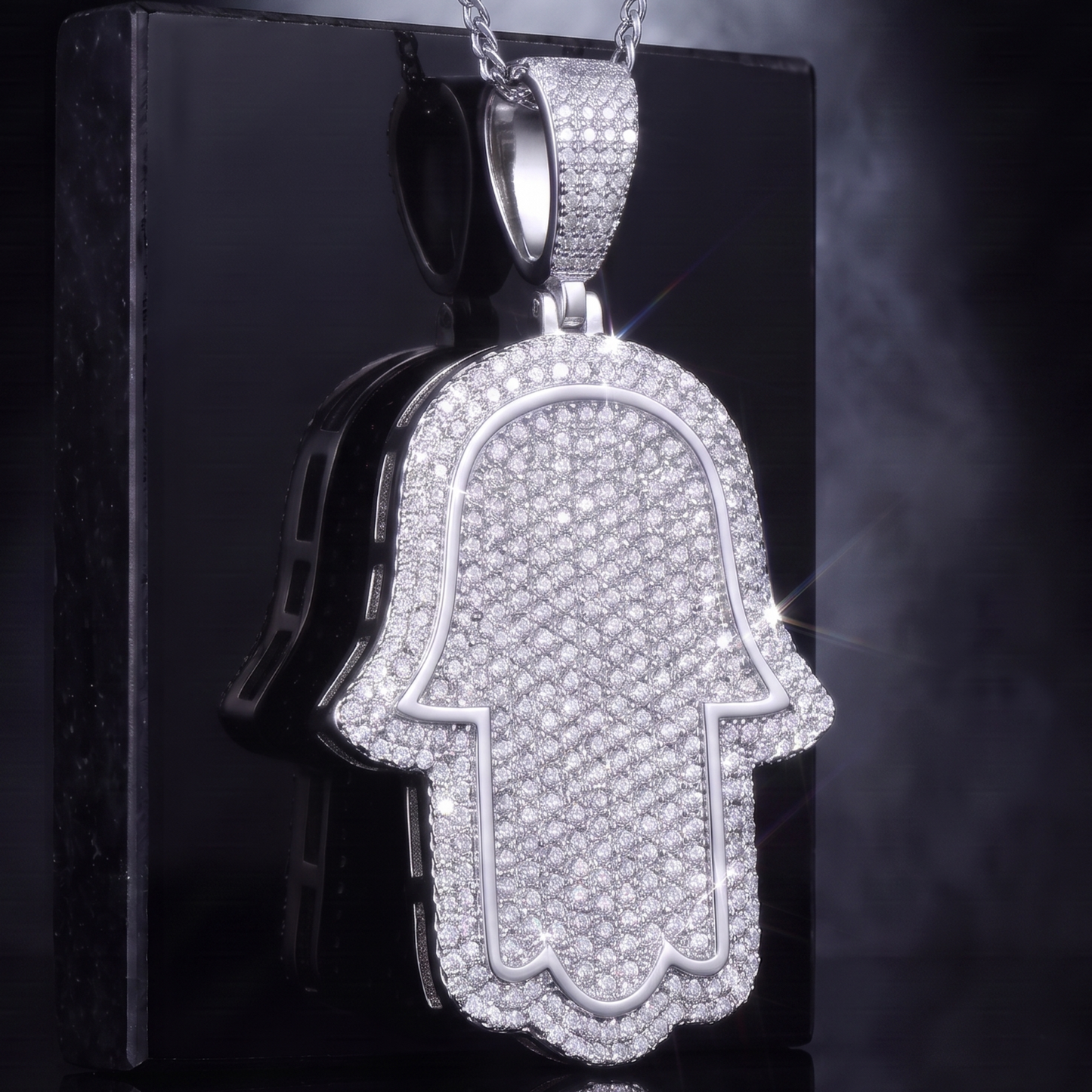 14k White Gold Iced Out Hamsa Hand Pendant - Large
