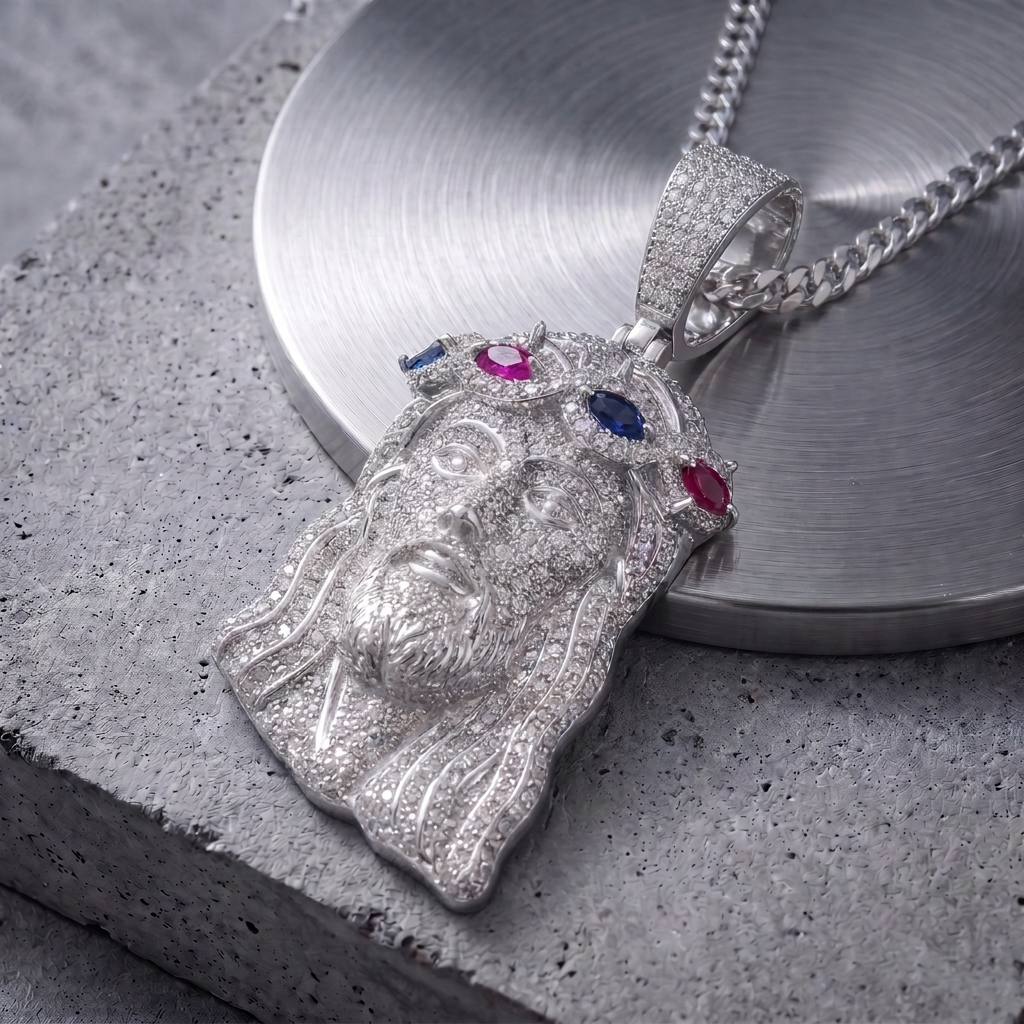 14k White Gold Iced Out Multicolor Jesus Crown of Thorns Pendant - Large