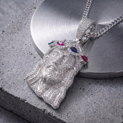 14k White Gold Iced Out Multicolor Jesus Crown of Thorns Pendant - Large