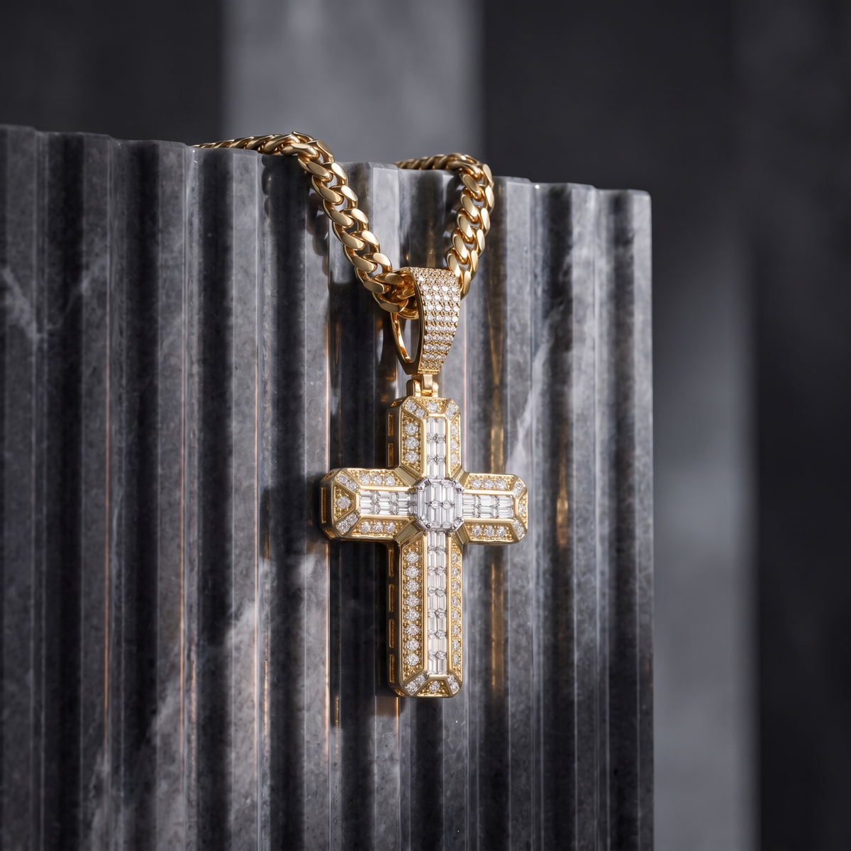 14k Gold Iced Out 3D Iced Baguette Cross - Small