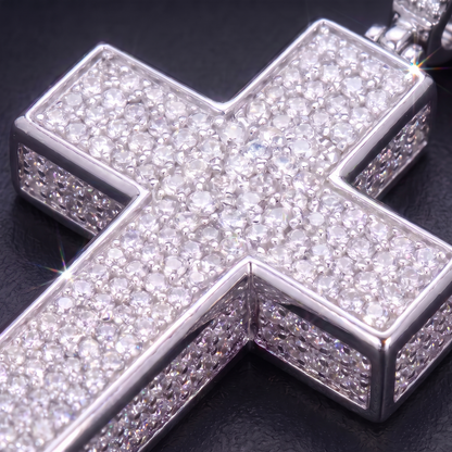 14k White Gold Iced Out 3D Cross Pendant - Large