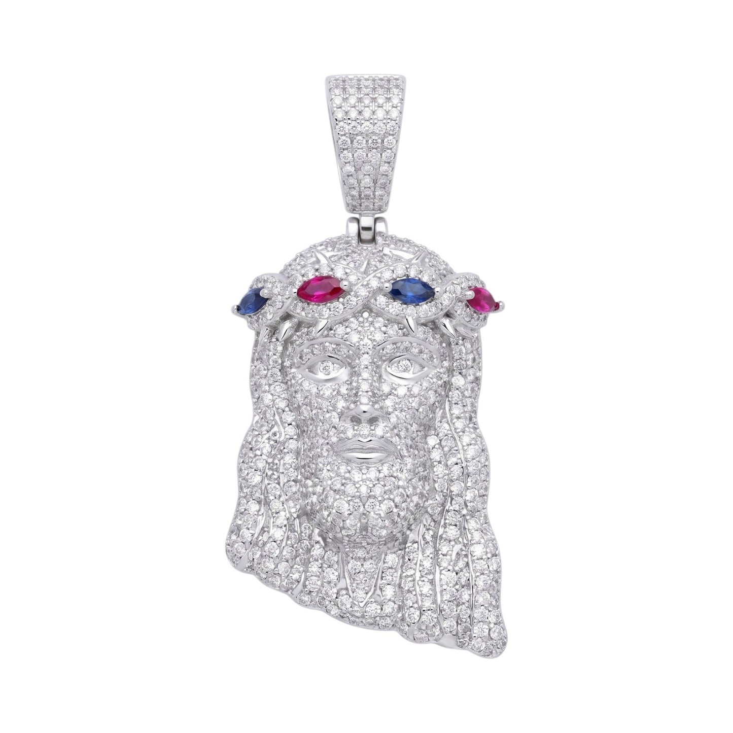 14k White Gold Iced Out Multicolor Jesus Crown of Thorns Pendant - Medium
