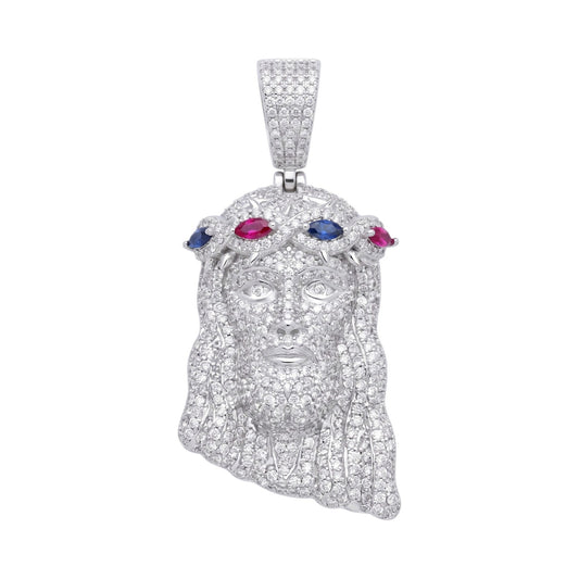 14k White Gold Iced Out Multicolor Jesus Crown of Thorns Pendant - Medium