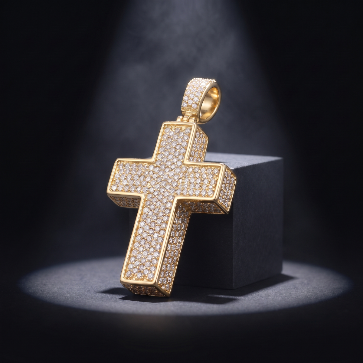 14k Gold Iced Out 3D Cross Pendant - Small