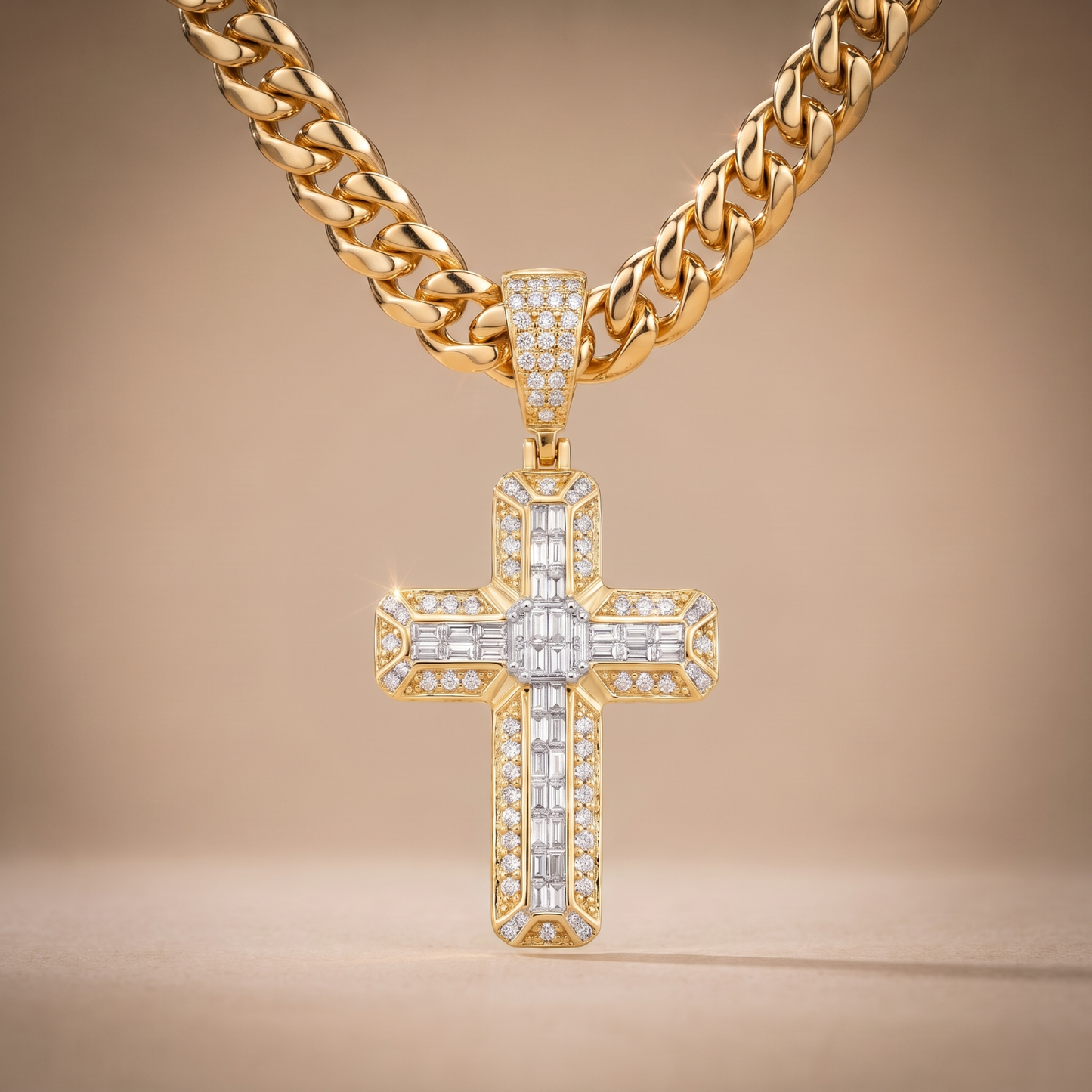 14k Gold Iced Out 3D Baguette Cross - Medium