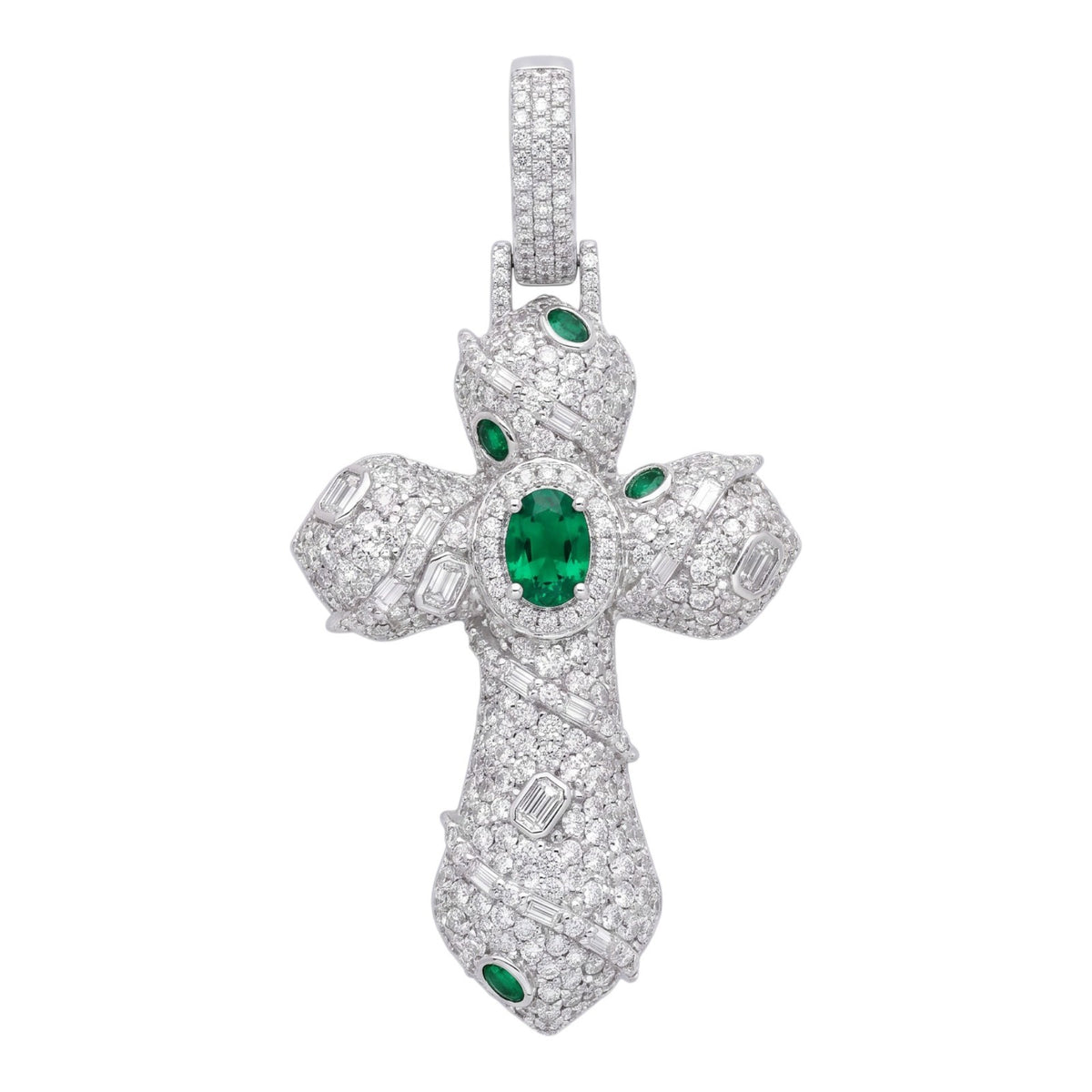 14k White Gold Iced Out Ornate Green Stone Cross