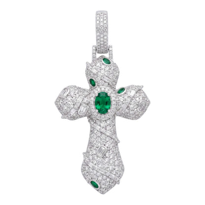 14k White Gold Iced Out Ornate Green Stone Cross