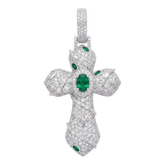 14k White Gold Iced Out Ornate Green Stone Cross