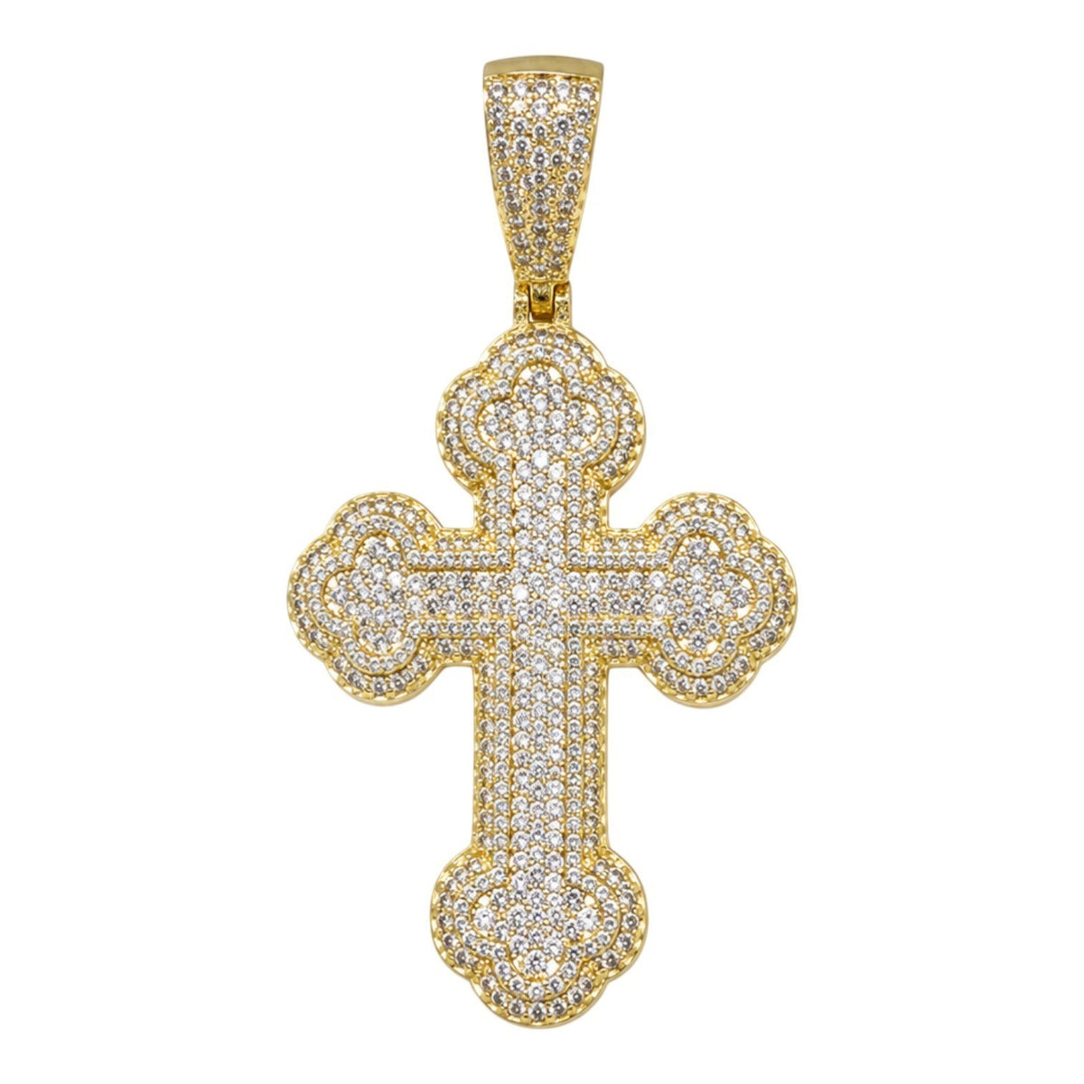 14k Gold Iced Out Budded Cross Pendant