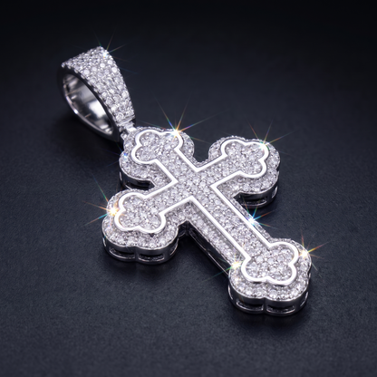 14k White Gold Iced Out Budded Cross Pendant