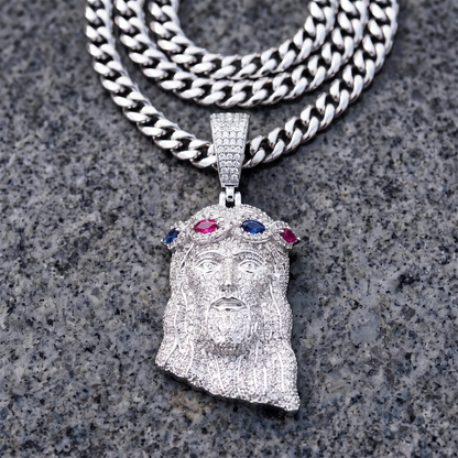 14k White Gold Iced Out Multicolor Jesus Crown of Thorns Pendant - Small