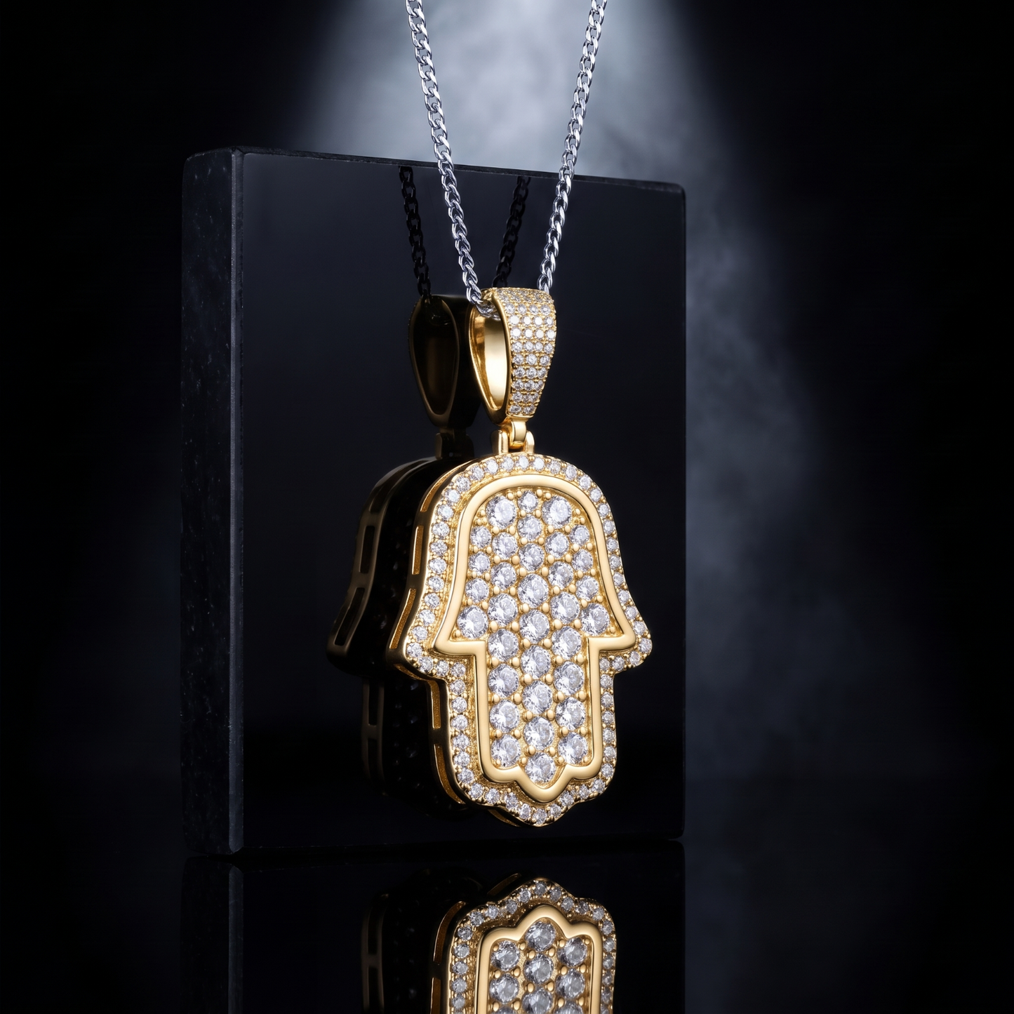 14k Gold Iced Out Hamsa Hand Pendant - Small