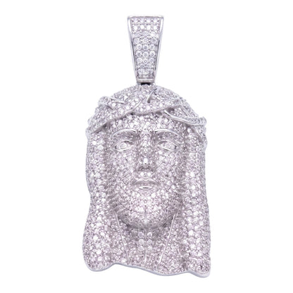 14k White Gold Iced Out Jesus Face Crown of Thorns Pendant