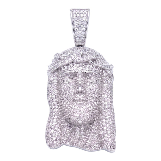 14k White Gold Iced Out Jesus Face Crown of Thorns Pendant