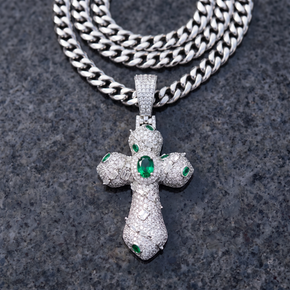 14k White Gold Iced Out Ornate Green Stone Cross