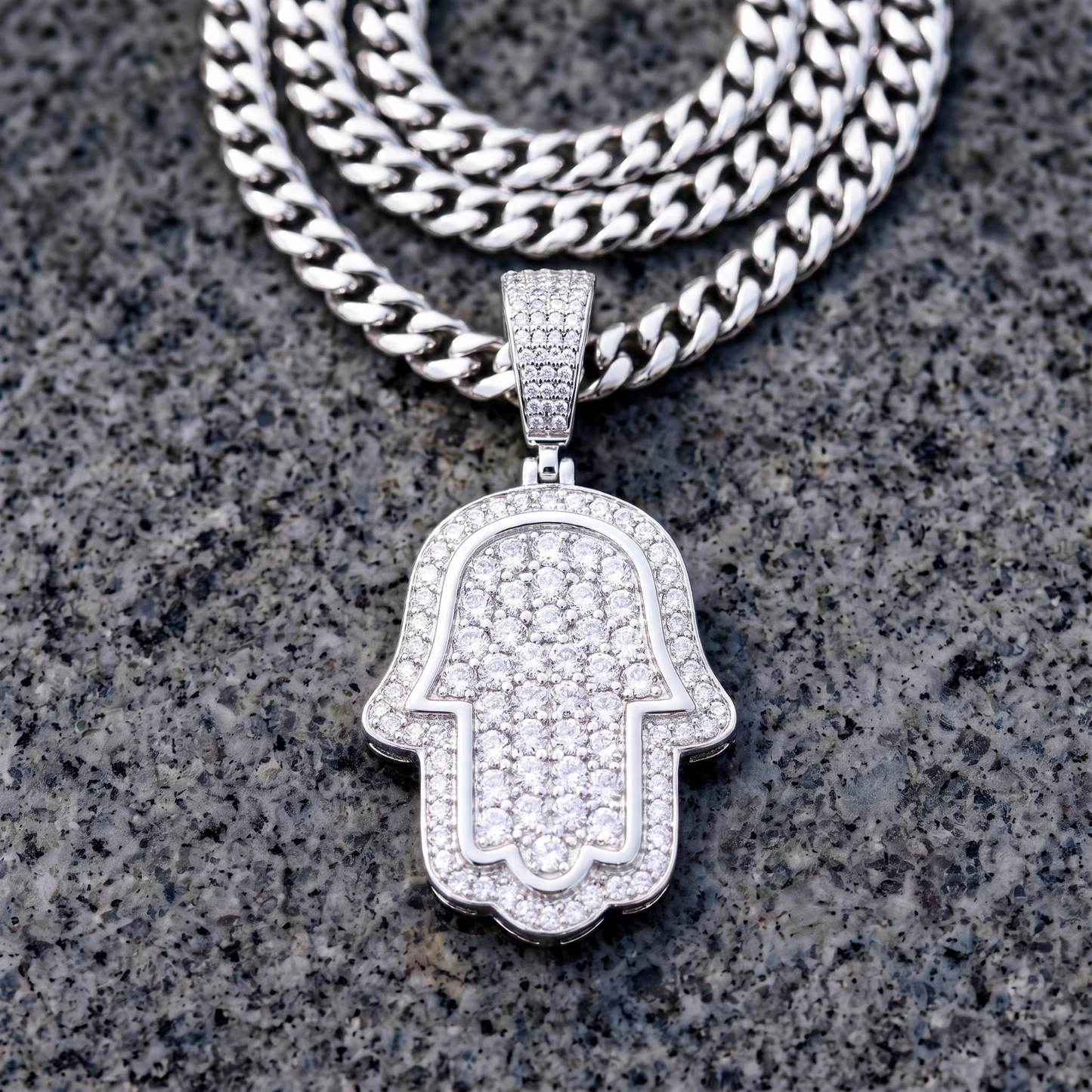 14k White Gold Iced Out Hamsa Hand Pendant - Small