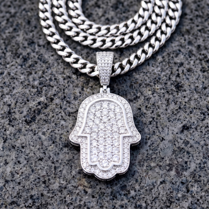 14k White Gold Iced Out Hamsa Hand Pendant - Small