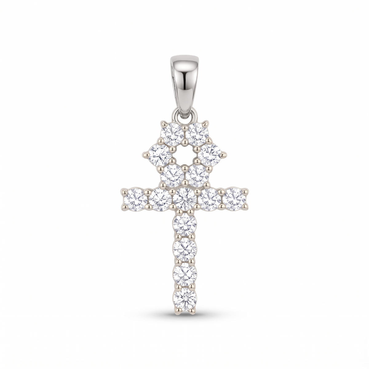 14k White Gold Iced Out Tennis Ankh Cross Pendant