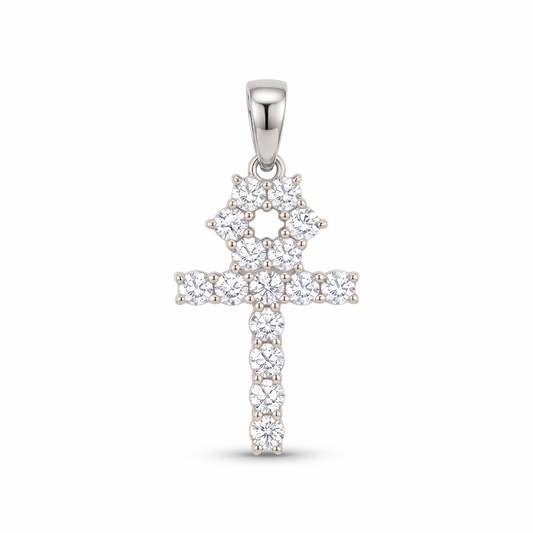 14k White Gold Iced Out Tennis Ankh Cross Pendant
