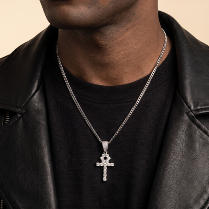 14k White Gold Iced Out Tennis Ankh Cross Pendant
