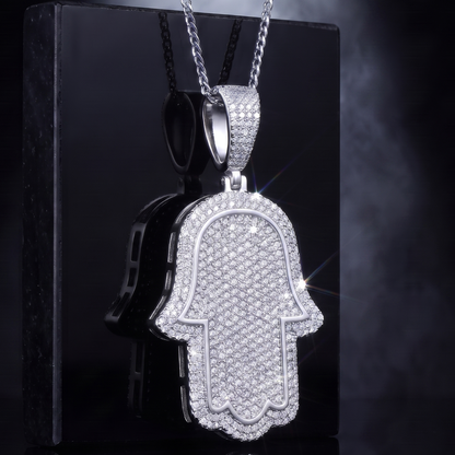 14k White Gold Iced Out Hamsa Hand Pendant - Medium