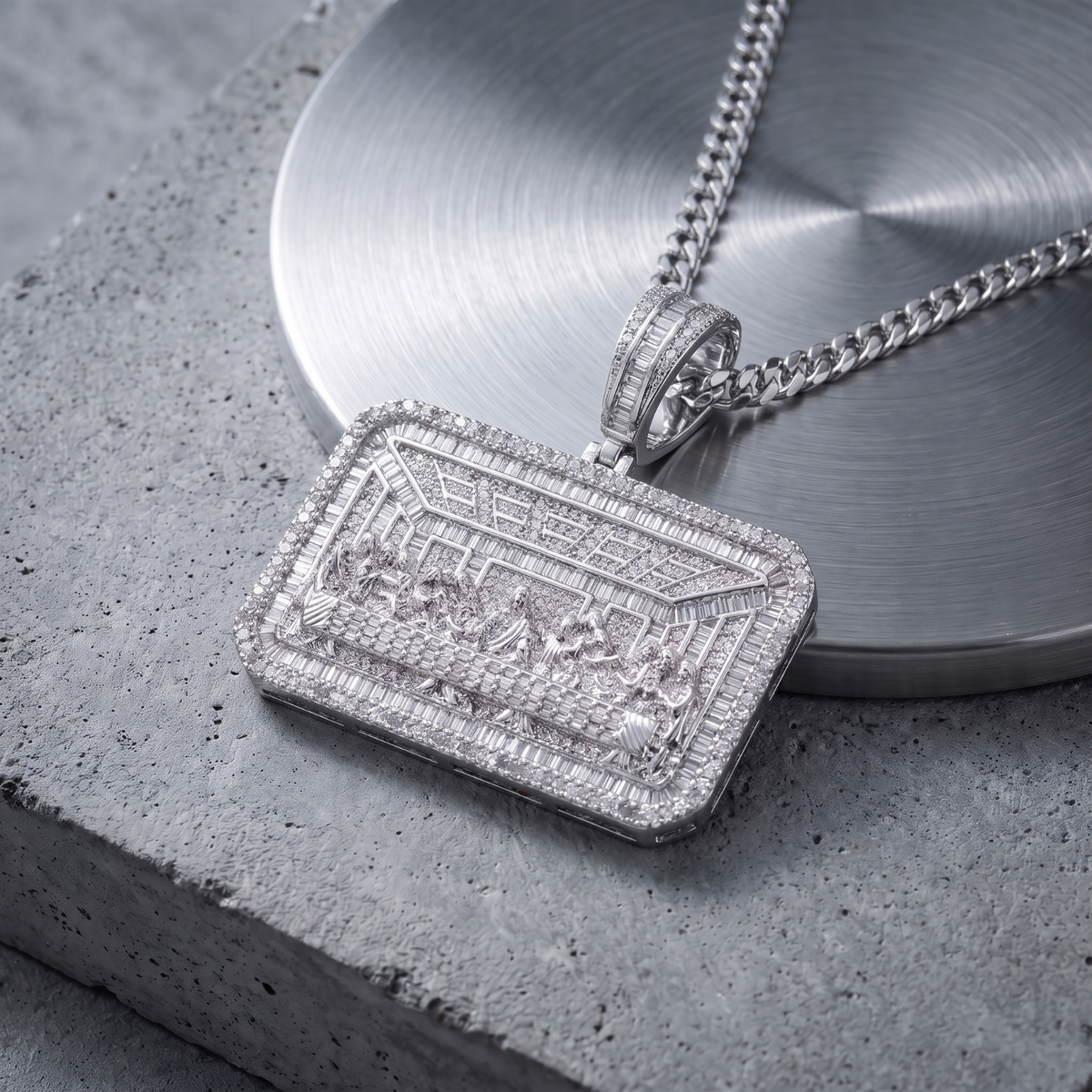 14k White Gold Last Supper Jesus Pendant