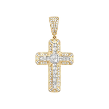 14k Gold Iced Out 3D Iced Baguette Cross - Small