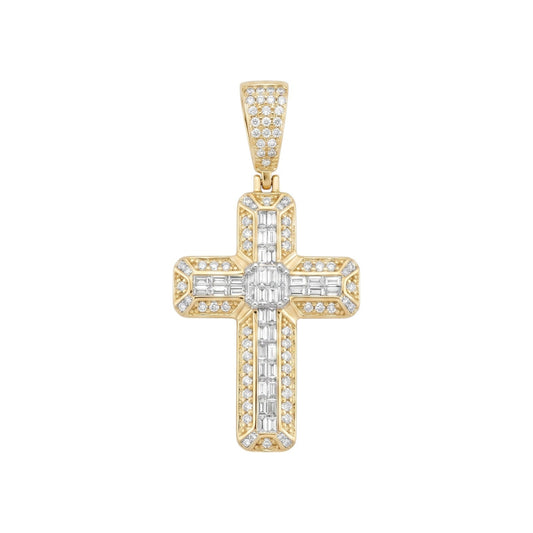 14k Gold Iced Out 3D Iced Baguette Cross - Small