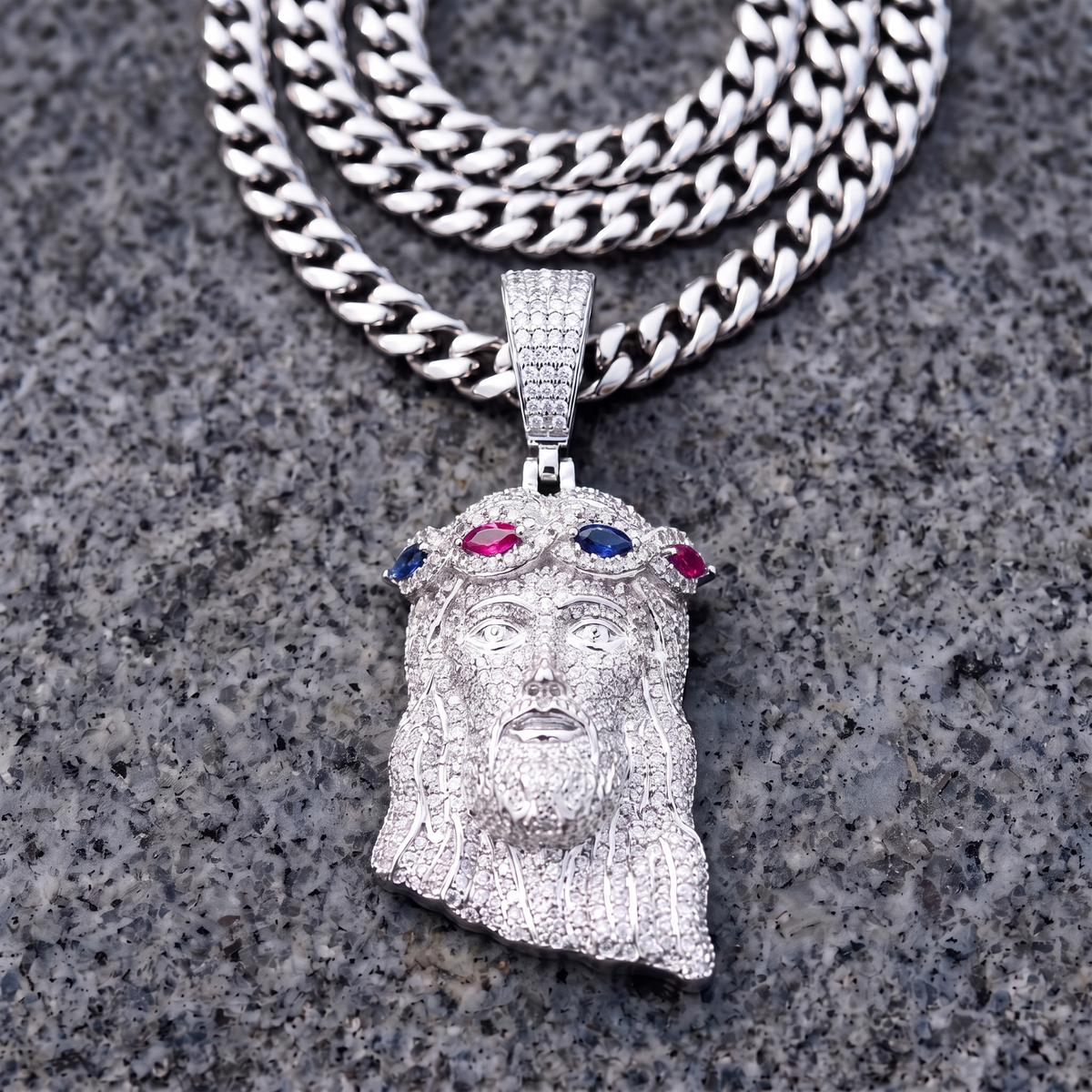 14k White Gold Iced Out Multicolor Jesus Crown of Thorns Pendant - Medium