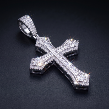 14k White Gold Iced Out Baguette Cross Pendant