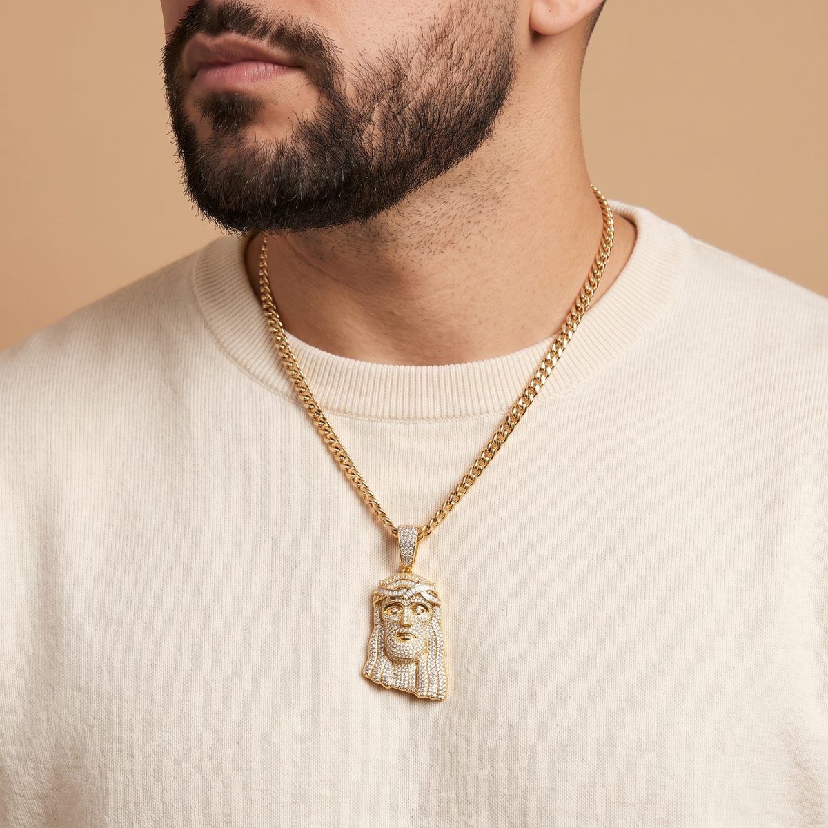 14k Gold Iced Out Jesus Face Pendant