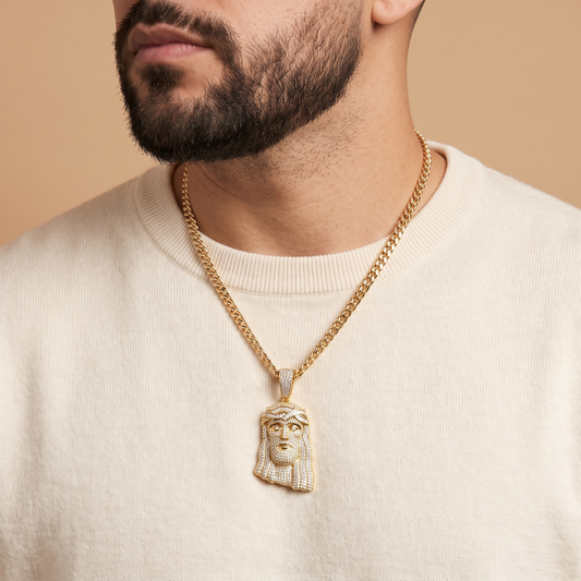 14k Gold Iced Out Jesus Face Pendant