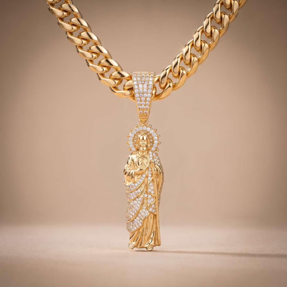 14k Gold Iced Out Sacred Heart Jesus Pendant